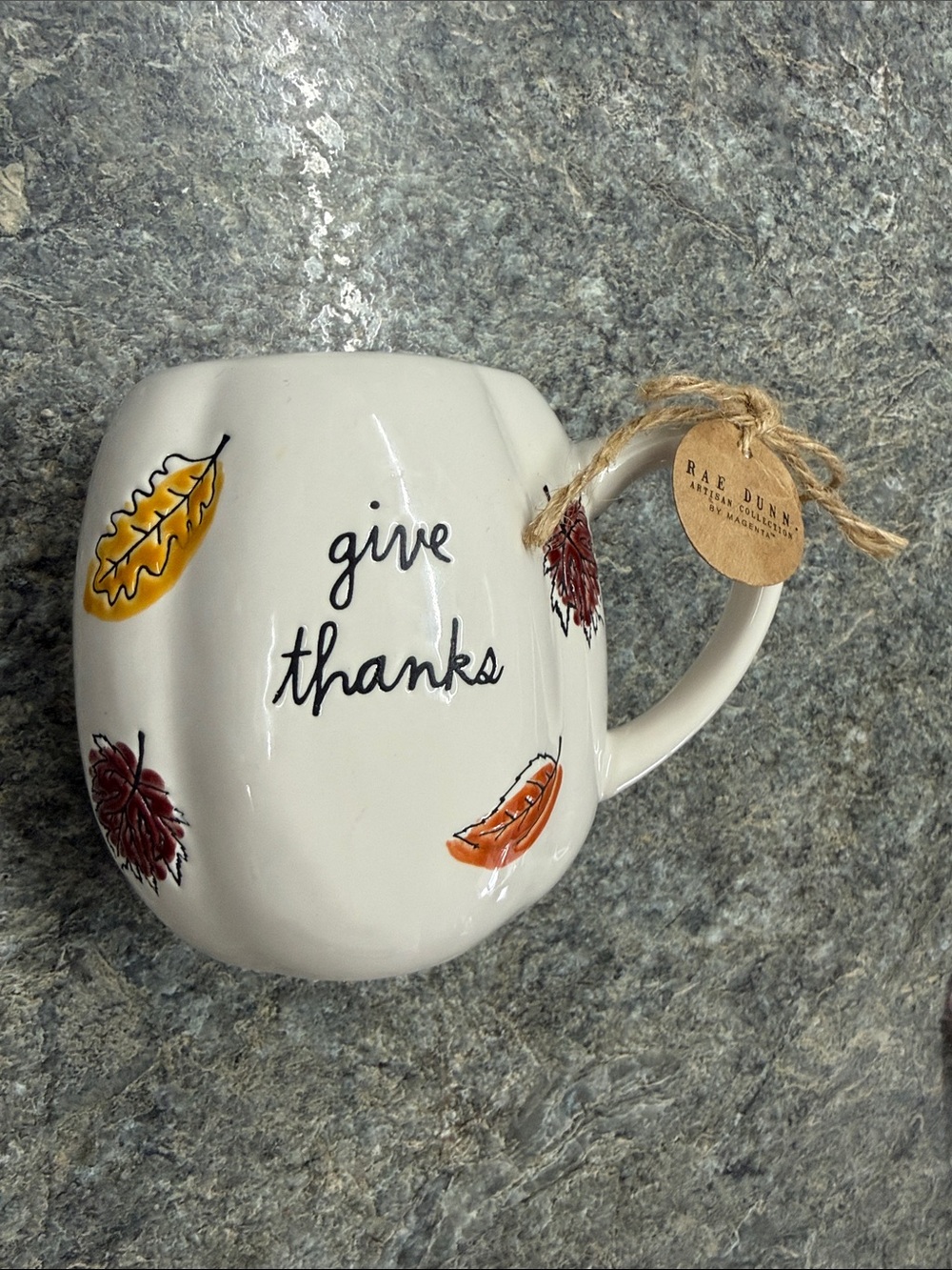 Rae Dunn Cream Mug with 'give thanks' and Autumn Leaf Accents